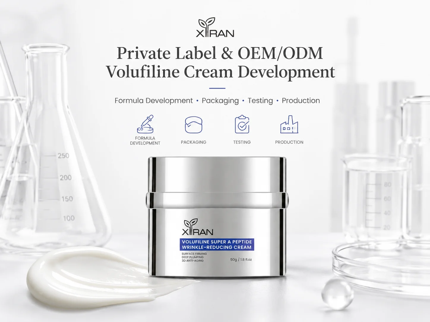 Private label and OEM/ODM Volufiline cream development featuring formula, packaging, testing, and production. Display includes a cream jar, cream sample, and lab equipment.